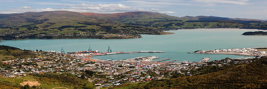 The Port of Lyttelton taken from the hills above. Banks Peninsula, Canterbury, New Zealand.